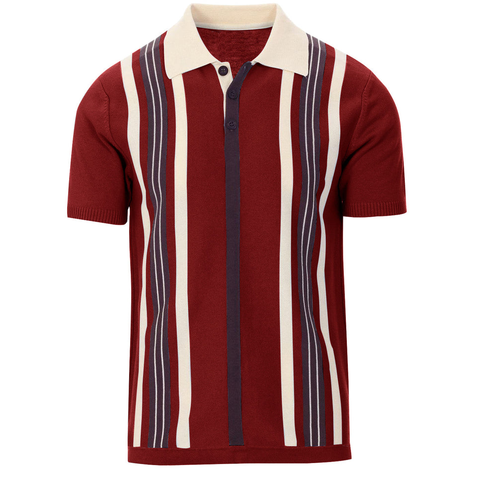 1960S STRIPE KNITTED POLO SHIRT WINE