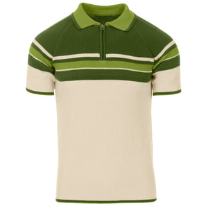 RETRO 70S STRIPE ZIP NECK POLO SHIRT GREEN