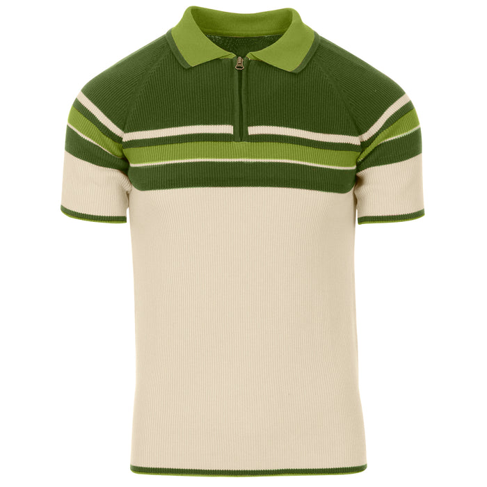 RETRO 70S STRIPE ZIP NECK POLO SHIRT GREEN