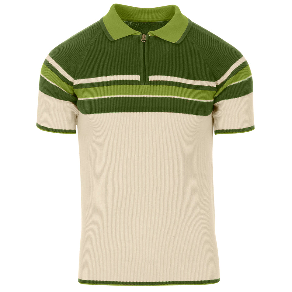 RETRO 70S STRIPE ZIP NECK POLO SHIRT GREEN