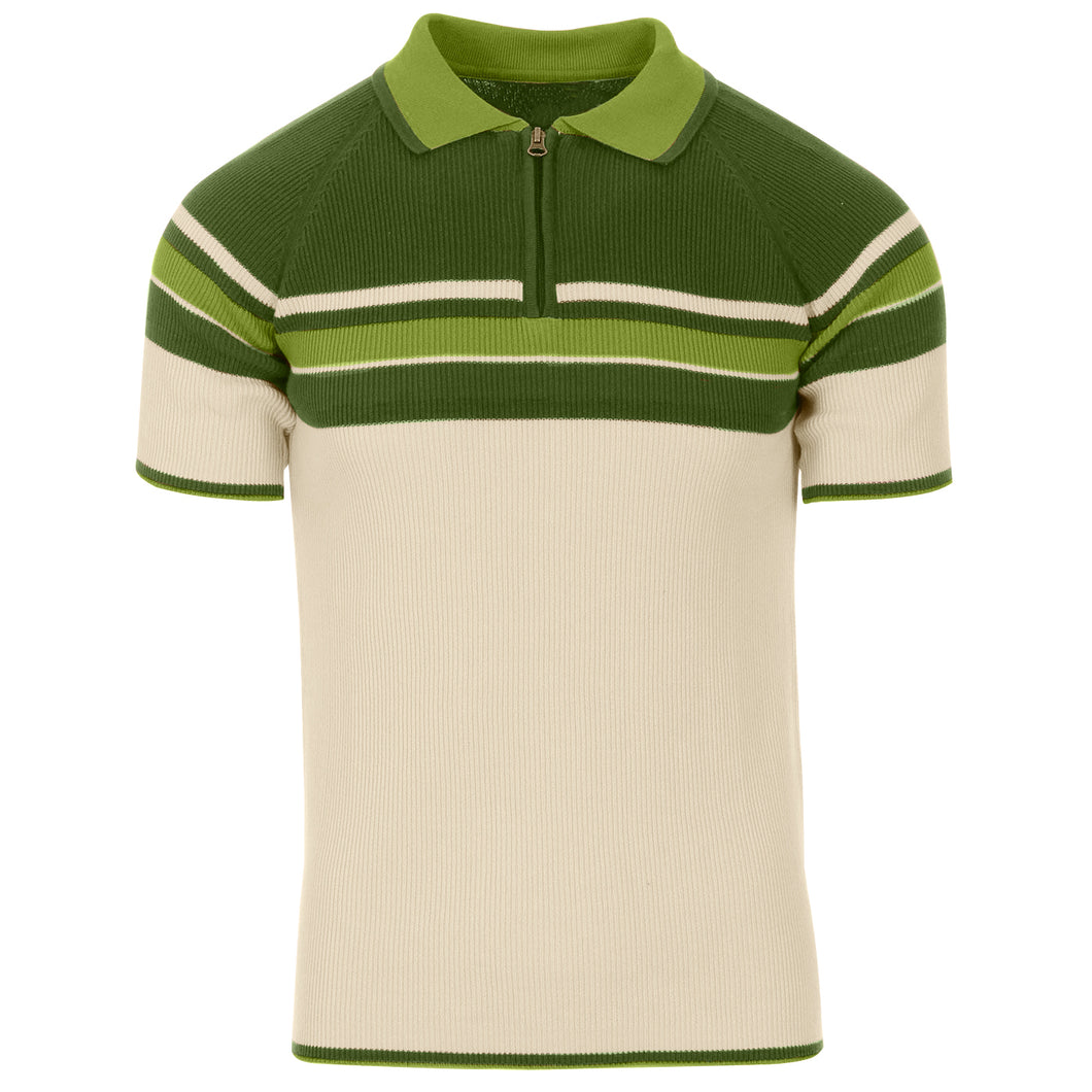 RETRO 70S STRIPE ZIP NECK POLO SHIRT GREEN