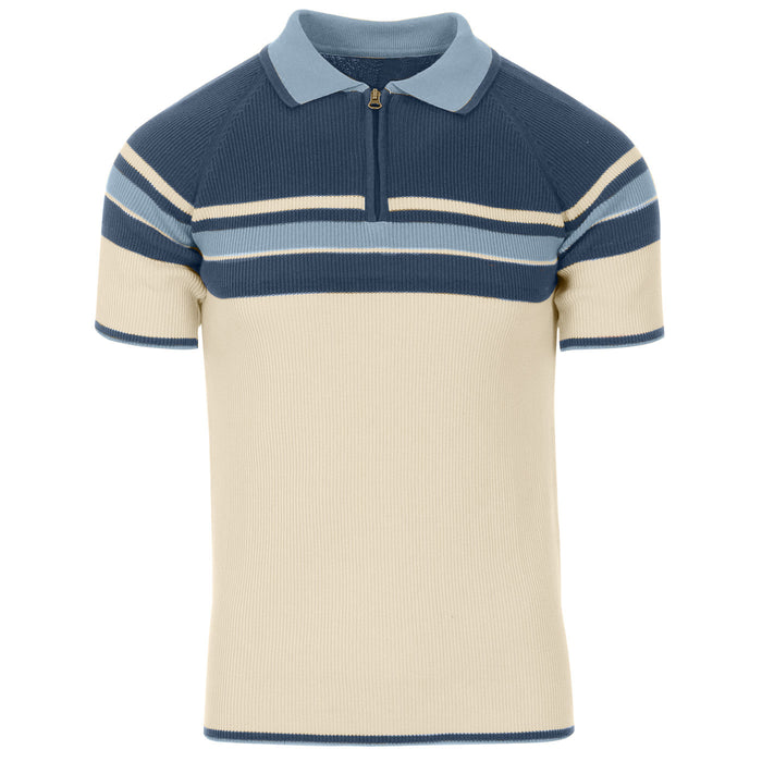 RETRO 70S STRIPE ZIP NECK POLO SHIRT BLUE