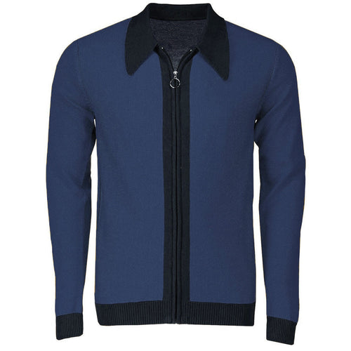 Dark Blue 1960s Mod Style Zip Knitted Long Sleeve Cardigan