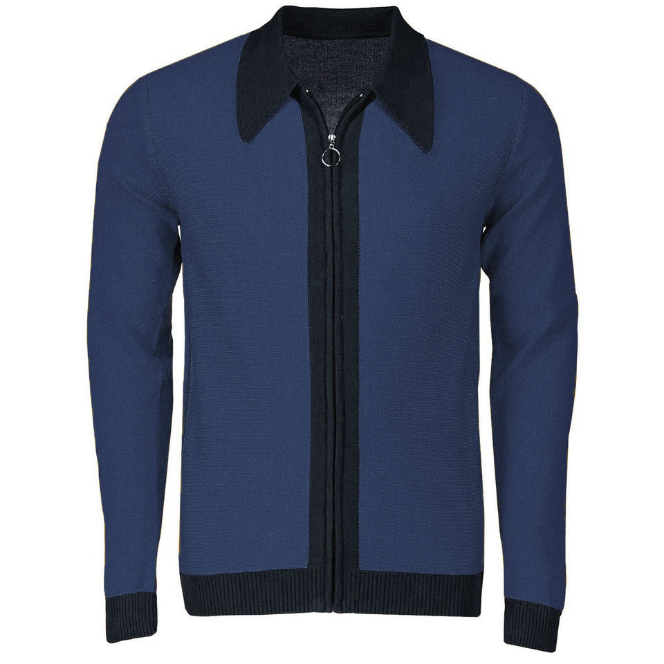 Dark Blue 1960s Mod Style Zip Knitted Long Sleeve Cardigan